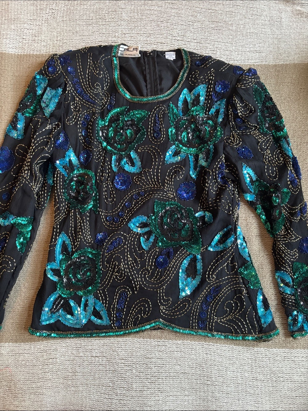 Vintage Scala Silk beaded Embellished Sequin Floral Blouse in Black, Teal & Blue